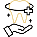 A minimalist graphic line art icon showing a polished dental crown floating above an open, supportive hand, accented by a medical cross emblem and sparkle clusters. This interface graphic represents the comprehensive restorative dentistry, elite clinical protection protocols, and premium smile transformations delivered at icónica dental group.