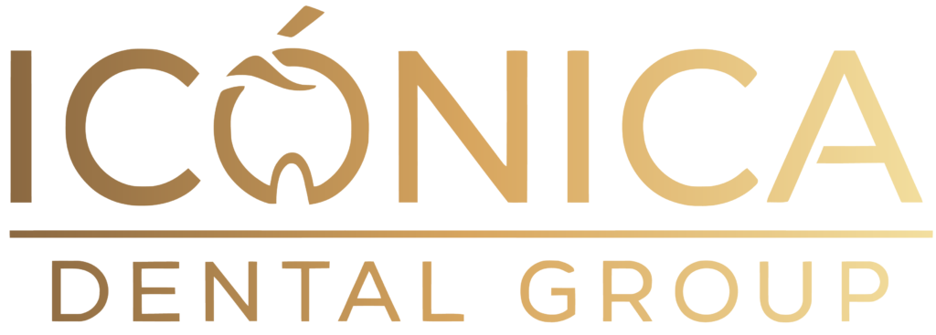 The official website header navigation brand logo graphic for icónica dental group. The design features a premium gold typographic layout with the word 'ICÓNICA' stacked above 'DENTAL GROUP.' The letter 'O' is custom-styled as a geometric outline of a tooth crown integrated with a fine leaf accent at the top, presented on a transparent background. This asset represents the luxury concierge general dentistry practice located in Hallandale Beach, Florida.