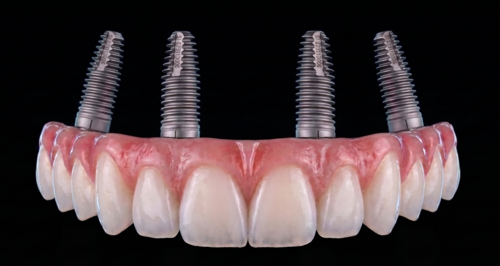 Complete fixed upper arch prosthetic restoration supported by four endosseous dental implants, illustrating the structural All-on-4 framework used in full mouth rehabilitation at icónica dental group.