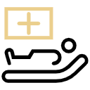A minimalist graphic line art icon showing a patient resting comfortably in an ergonomic clinical treatment chair beneath a medical chart display showing a cross emblem. This interface graphic represents the luxury concierge hospitality, specialized comfort menus, and unhurried clinical workflows delivered at icónica dental group.