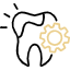 A minimal graphic line-art icon showing a molar tooth structure paired with a mechanical gear symbol on a transparent background. This user interface element represents the precise structural engineering, advanced autogenous bone grafting mechanics, and customized biological tissue planning executed at icónica dental group.