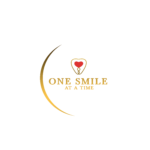 The official corporate logo graphic for the One Smile at a Time non-profit foundation. The design features an elegant gold crescent arch framing the central serif typography. Above the text is a gold heart outline containing a solid red heart that smoothly transitions into a stylized dental root crest, set against a solid white background. This asset represents the humanitarian dental care initiatives and pro bono dental surgery programs sponsored by icónica dental group.