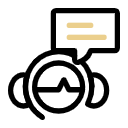 A minimal graphic line-art icon showing a support specialist wearing a headset with a chat bubble on a transparent background. This user interface element represents the white-glove patient concierge service, personalized surgical coordination, and direct communication support provided at icónica dental group.