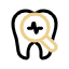 A minimalist vector line art icon displaying a tooth silhouette with a diagnostic magnifying glass and clinical cross indicator over a transparent background. This user interface graphic represents the precision diagnostics, comprehensive oral health analysis, and meticulous data-driven treatment planning delivered at icónica dental group.