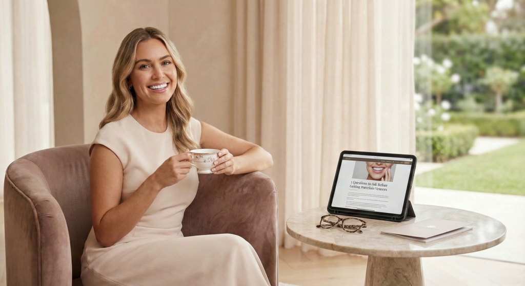A luxury lifestyle photograph of a smiling, elegant woman in a cream dress seated in a plush velvet armchair, holding a porcelain teacup. A modern marble bistro table next to her holds a laptop and a digital tablet, set against a bright backdrop of a manicured garden terrace. This image represents the premium porcelain veneers, custom smile design consultations, and boutique hospitality standards offered at icónica dental group.
