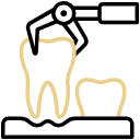 A minimal graphic line-art icon showing surgical extraction forceps over a molar tooth structure on a transparent background. This user interface element represents the precise surgical extractions, conservative alveolar ridge preservation, and foundational pre-prosthetic planning engineered at icónica dental group.