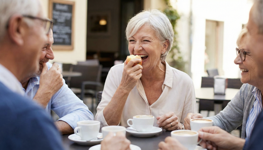 A lifestyle photograph of a group of active senior adults laughing together at an outdoor cafe table. A senior woman in the center smiles radiantly while confidently enjoying her food with friends over coffee. This image represents the lifestyle restoration, chewing comfort, and youthful confidence achieved through custom implant-supported dentures and advanced restorative care at icónica dental group.