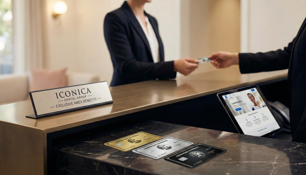 A panoramic photograph of a luxury concierge reception desk with a dark marble counter at icónica dental group. Premium American Express Centurion, Platinum, and Gold cards are arranged neatly next to a sleek desktop sign reading 'ICONICA DENTAL GROUP - EXCLUSIVE AMEX BENEFITS.' In the background, an office coordinator in a tailored dark blazer smoothly coordinates a patient check-in. This image represents the high-end hospitality standards and strategic financial rewards programs aligned with the patient experience.