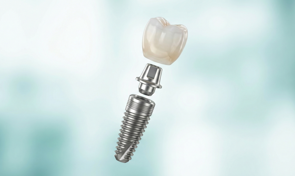 A detailed 3D medical illustration displaying the exploded structure of a dental implant restoration against a soft teal background. The components are shown in alignment, featuring the titanium screw fixture base, the precision abutment connector, and the custom porcelain crown. This graphic represents the permanent single-tooth replacement options, advanced implant dentistry, and restorative solutions provided at icónica dental group.