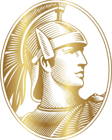 A detailed, gold-lined transparent vector graphic depicting the profile of a classical centurion warrior encased in a circular coin frame. This asset represents the premium membership rewards, elite service standards, and luxury hospitality benchmarks aligned with the patient experience at icónica dental group.