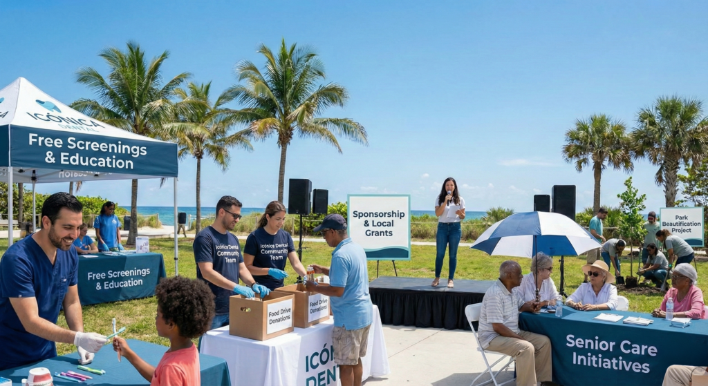 A panoramic wide-angle photograph of an outdoor community health event hosted by icónica dental group near the beach. Staff members in clinical navy scrubs operate a 'Free Screenings & Education' booth, while local residents interact at 'Sponsorship & Local Grants' and 'Senior Care Initiatives' stations set against a clear blue sky and palm trees. This image represents the local civic engagement and philanthropic outreach programs built for Hallandale Beach residents.