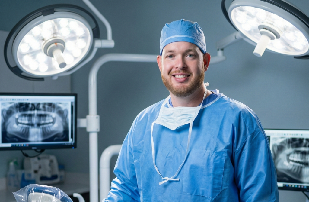 A professional portrait of Dr. Christopher Garcia, DMD, DDS, smiling in a modern operatory suite at icónica dental group. He is wearing a blue surgical cap, matching blue scrubs, and a protective face mask lowered around his neck. In the background, large overhead surgical lights illuminate the room, and digital monitors display panoramic x-rays. This image highlights the advanced clinical precision and same-day urgent care provided by Dr. Garcia for dental emergencies in Hallandale Beach.