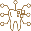 A minimal, gold-lined transparent vector icon depicting a dental tooth silhouette integrated with digital circuit nodes and pixelated data points. This asset represents the advanced digital diagnostics, comprehensive data technology, and modern imaging protocols utilized for patient care at icónica dental group.