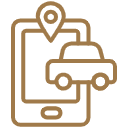 A minimal, gold-lined transparent vector icon depicting a mobile smartphone displaying an automobile and a map location pin. This asset represents the seamless digital navigation, real-time tracking, and emergency accessibility features provided for patients traveling to icónica dental group.