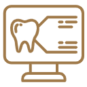 A minimal, gold-lined transparent vector icon depicting a desktop computer monitor displaying a digital tooth profile and structured data alignment lines. This asset represents the secure online patient portal, digital onboarding documentation, and seamless virtual scheduling systems implemented at icónica dental group.