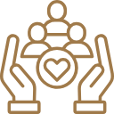 A minimal, gold-lined transparent vector icon depicting a group of three stylized individuals sheltered by a pair of supportive open hands, with a central heart emblem. This asset represents the community outreach programs, compassionate philanthropy initiatives, and dedicated family support frameworks structured by icónica dental group.