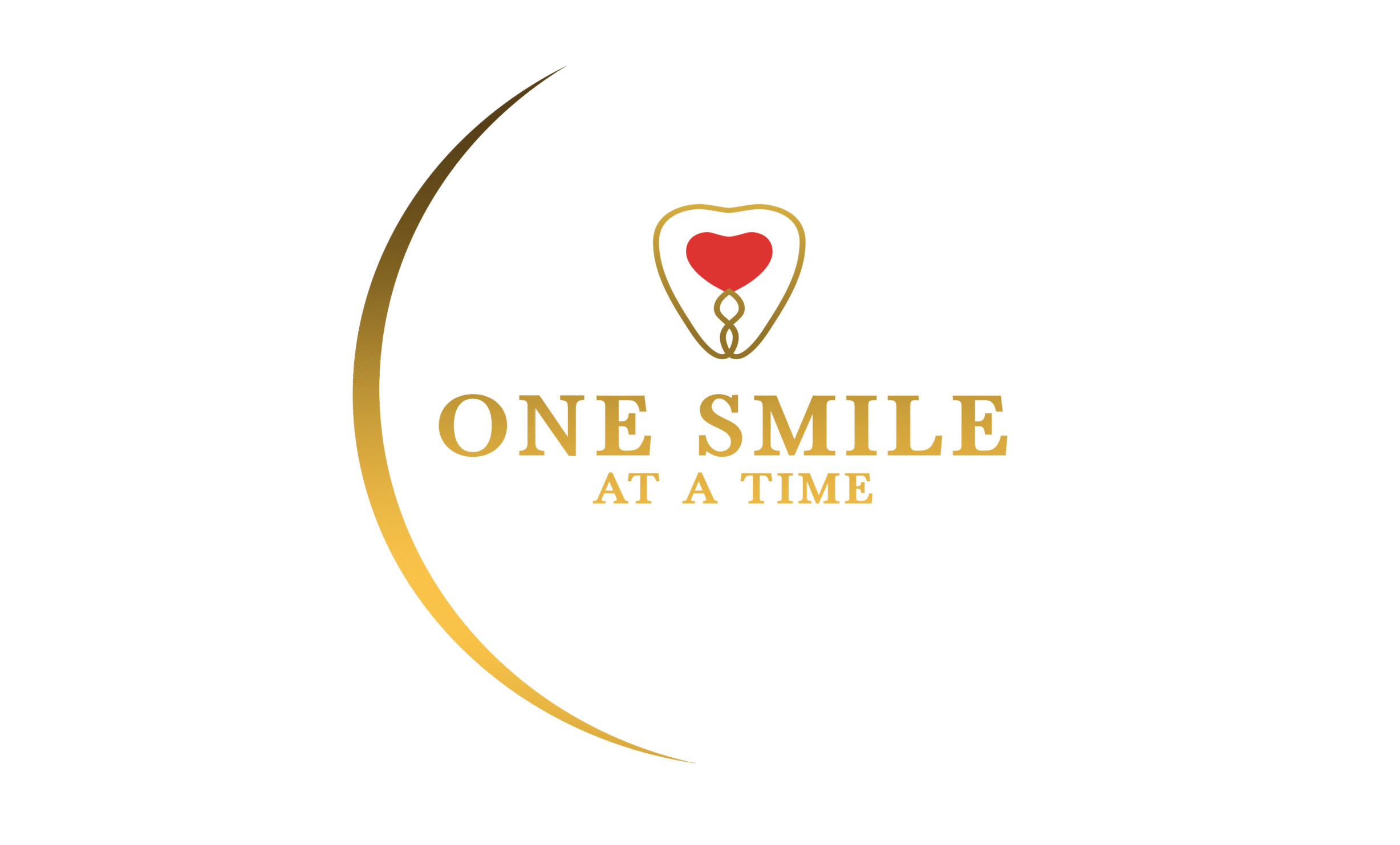 The official corporate logo for the 'One Smile at a Time' philanthropic initiative. The design features elegant gold typography reading 'ONE SMILE AT A TIME' underneath a gold heart emblem that encloses a clinical medical symbol, accented by a sweeping gold crescent arc. This asset represents the dedicated pro bono dental care and community outreach program organized by icónica dental group.
