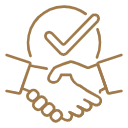 A minimal, gold-lined transparent vector icon depicting two hands meeting in a handshake underneath a circular confirmation checkmark. This asset represents the community trust partnerships, professional service agreements, and integrated clinical networks established by icónica dental group.