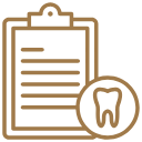 A minimal, gold-lined transparent vector icon depicting a medical clipboard with a data chart, paired with a small tooth emblem overlay. This asset represents the secure digital dental records management, comprehensive diagnostic charting, and seamless patient history coordination at icónica dental group.
