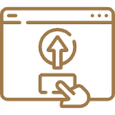 A minimal, gold-lined transparent vector icon depicting a digital browser window with an upload arrow button and a clicking hand cursor selection. This asset represents the secure digital submission portal, online form optimization, and streamlined patient registration workflows at icónica dental group.