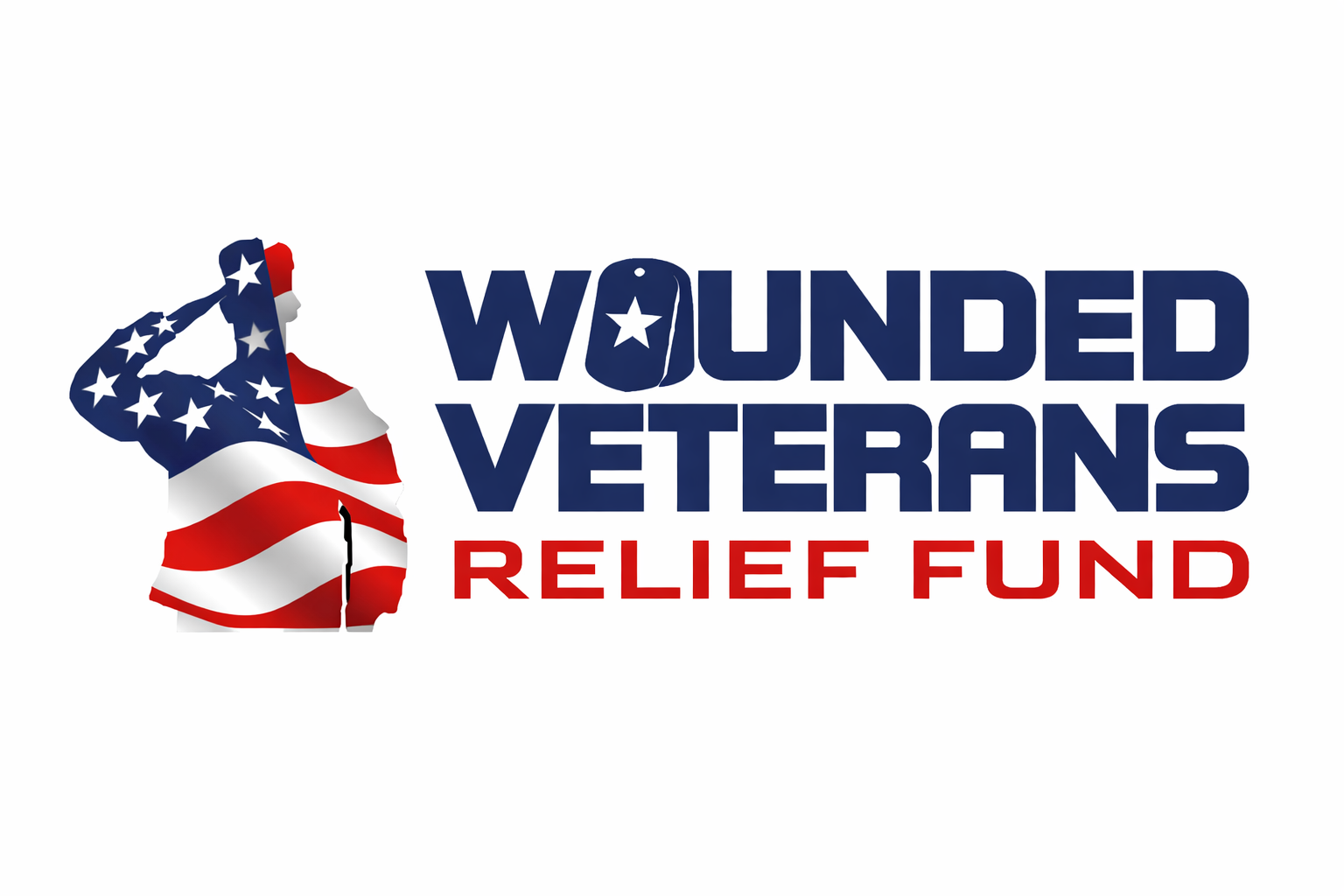 The official organizational logo graphic for the Wounded Veterans Relief Fund, featuring bold navy blue and red typography alongside a silhouette illustration of a military soldier saluting while draped in the American flag. This asset represents the community alignment and support framework established by icónica dental group.