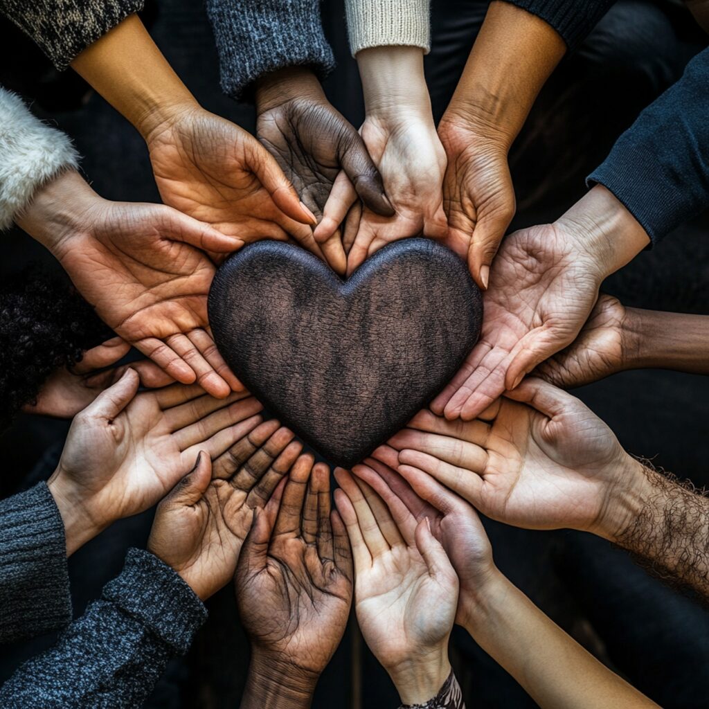A high-contrast overhead photograph showing a diverse group of hands coming together in a circular formation, gently cradling a dark, rustic heart-shaped object in the center. This image symbolizes unity, community care, and the dedicated non-profit philanthropic initiatives, including the 'One Smile at a Time' program, proudly sponsored by icónica dental group to support veterans and underserved children in the South Florida community.