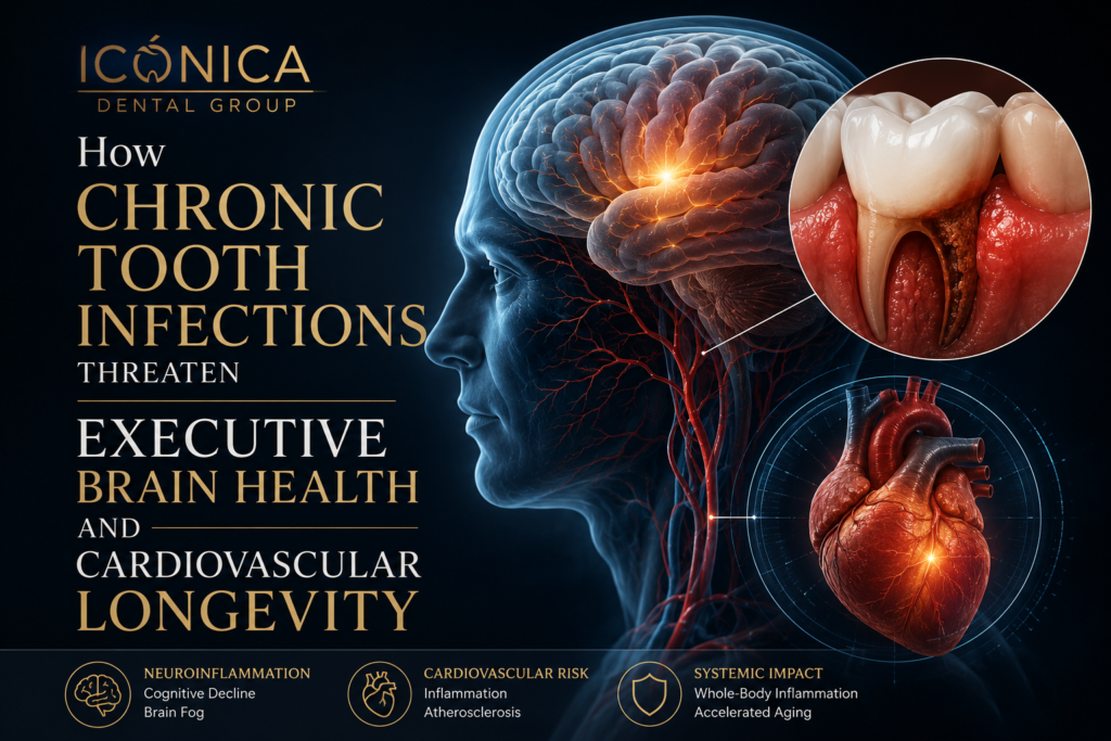 Diagnostic illustration highlighting the oral-systemic path between a chronic tooth infection, neuroinflammation in the brain, and vascular strain on the heart, utilized by icónica dental group.